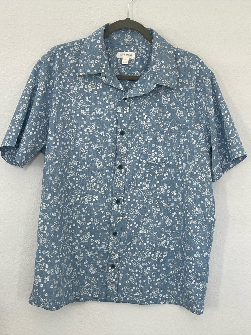 Sun + Stone Linen Cotton Floral Camp Shirt‎ Blue Men’s L Casual
